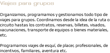 Viajes para grupos Organizamos, programamos y gestionamos todo tipo de viajes para grupos. Coordinamos desde la idea de la ruta o circuito hastas los contratos, reservas, billetes, visados, vacunaciones, transporte de equipos o bienes materiales, etc. Programamos viajes de esquí, de placer, profesionales, de incentivos, familiares, aventura etc.